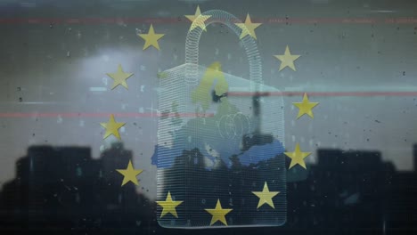 Animation-Von-Vorhängeschloss,-Datenverarbeitung-Und-EU-Flagge