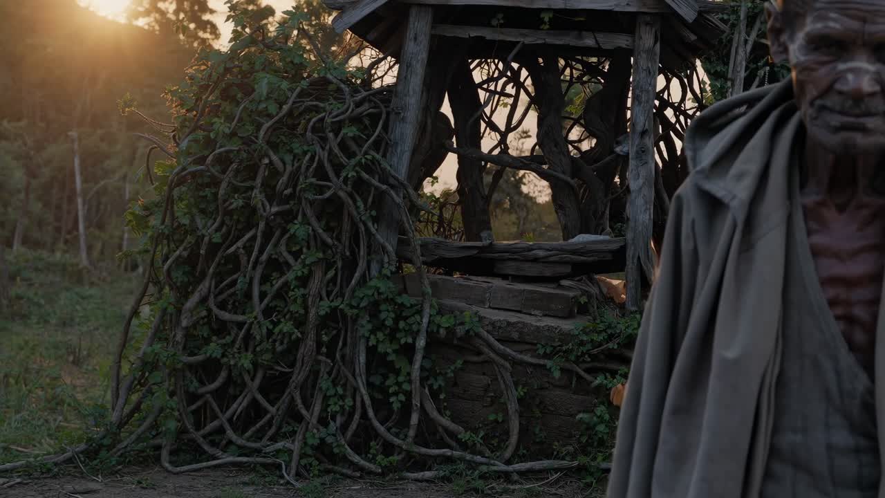 Portrait of an elderly Southeast Asian man wearing traditional clothes, posing near an old wooden shrine, showcasing cultural heritage and the serenity of village life