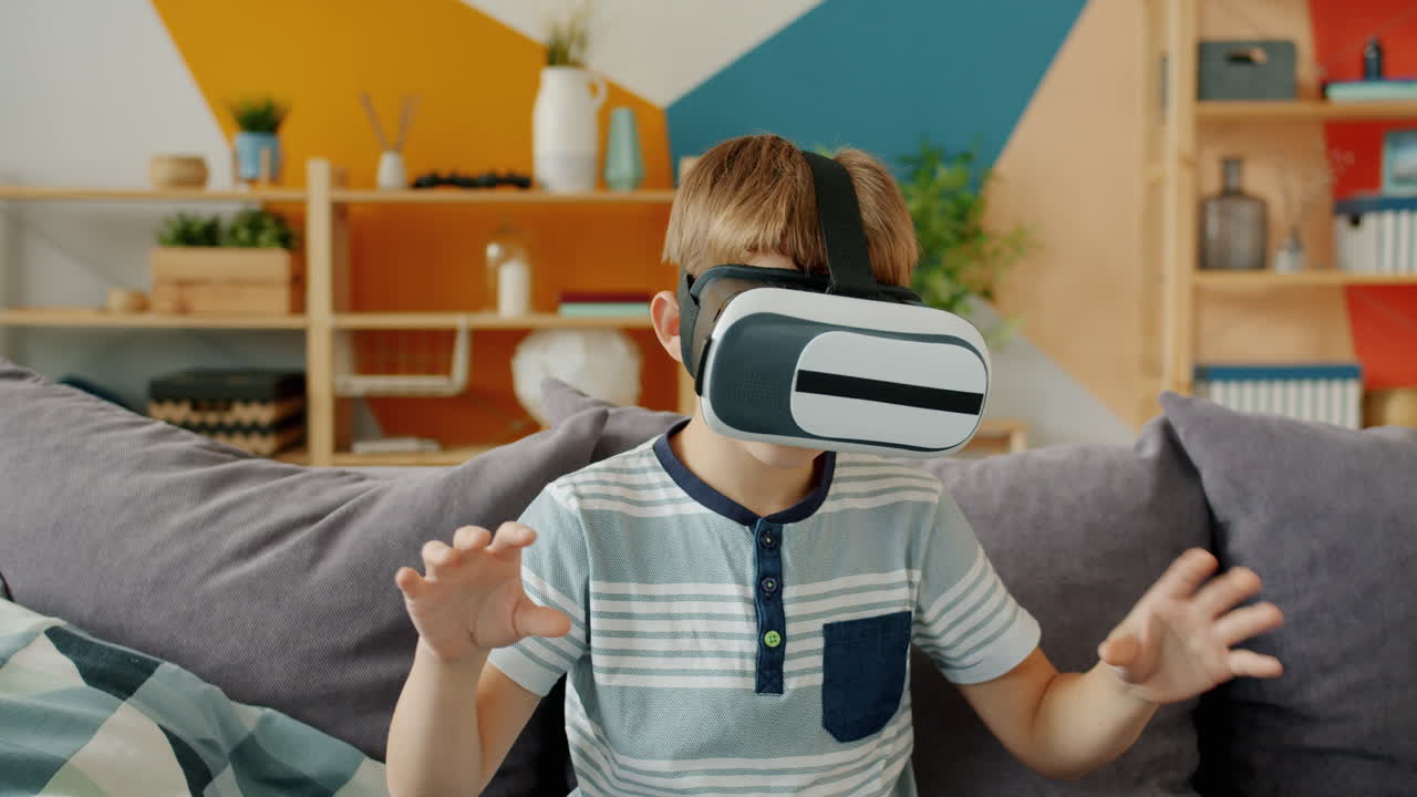 Boy Experiencing Virtual Reality at Home