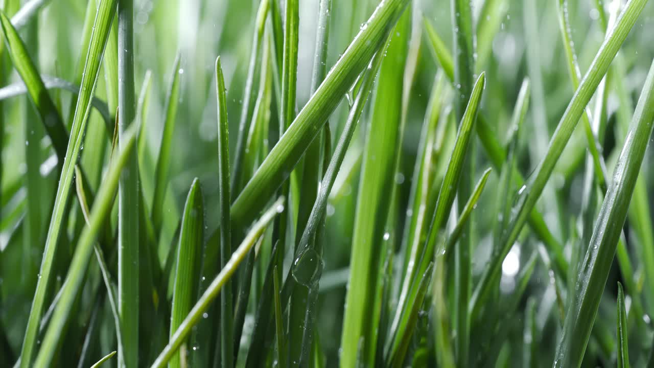 hierba verde de primer plano gotas de lluvia cayendo lentamente sobre la hierba. disparado en cámara súper lenta