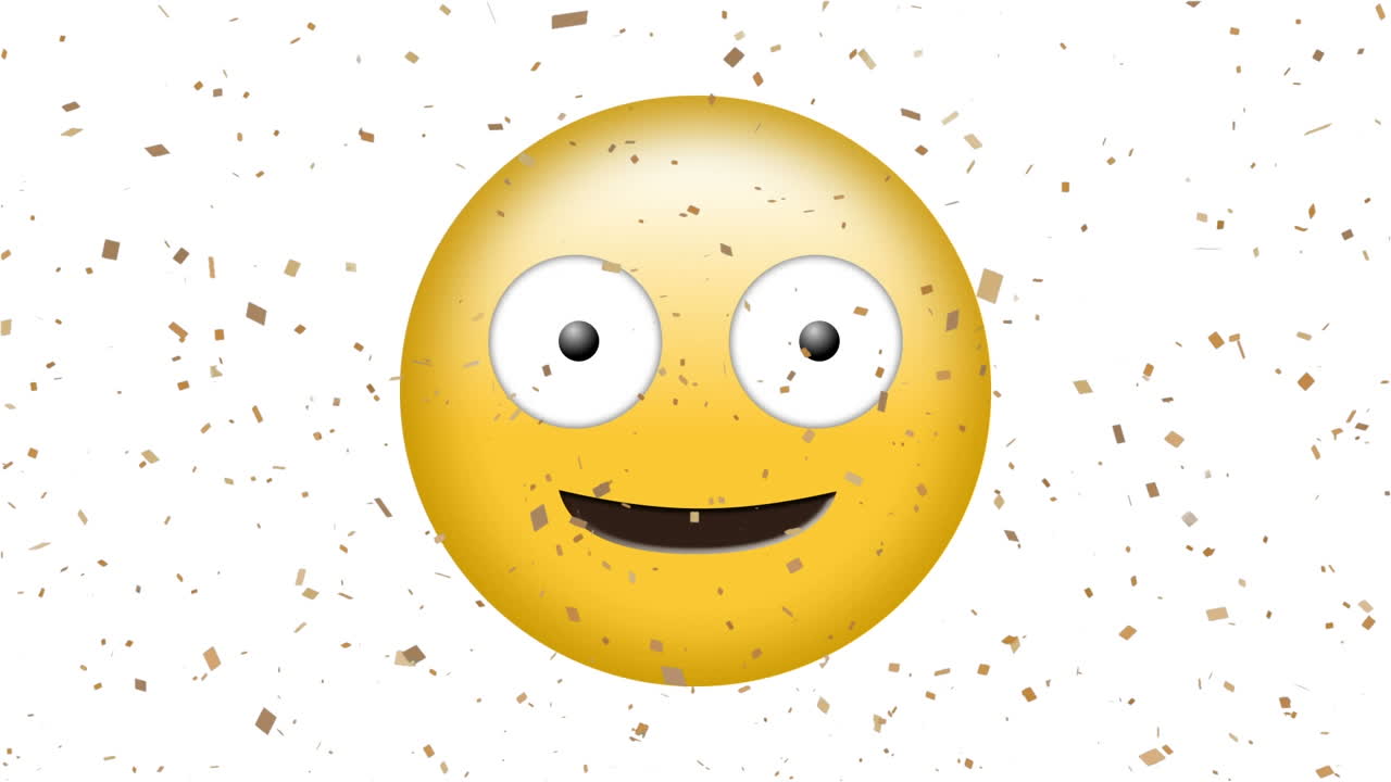 animación digital de confeti dorado cayendo sobre un emoji de cara tonta sobre un fondo blanco