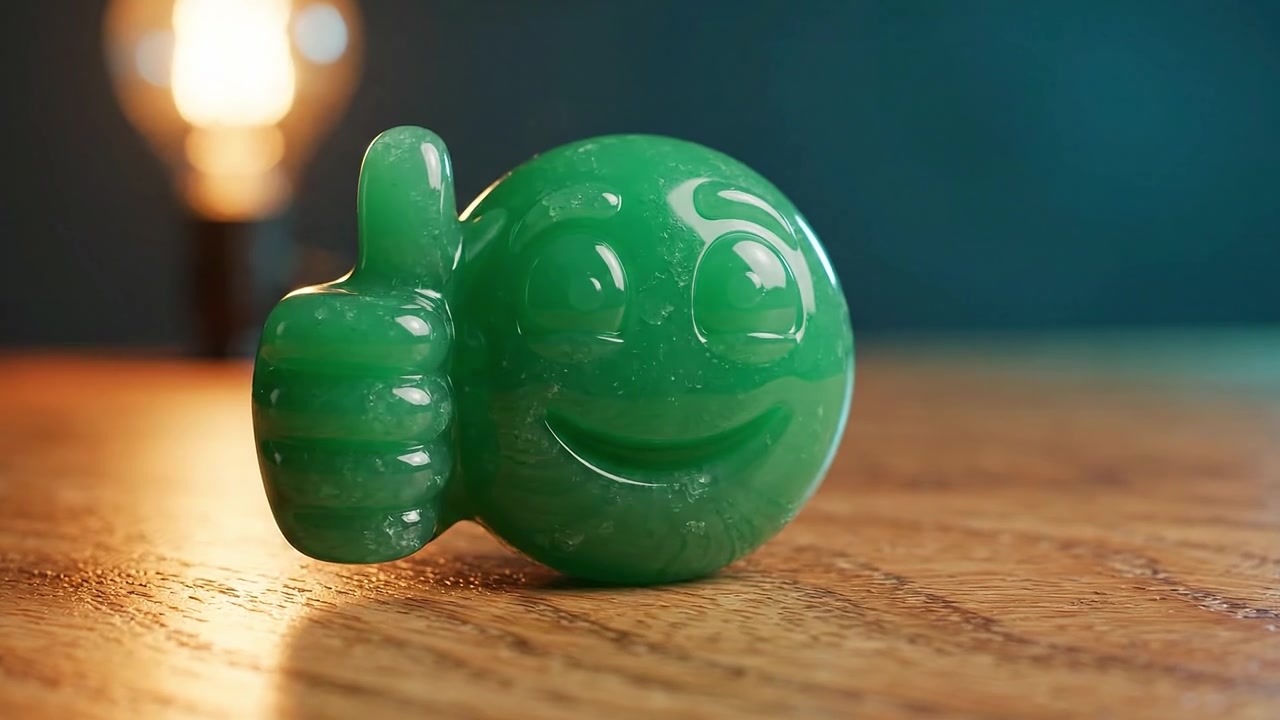 Iloinen vihreä ele: Lähikuva hymyilevästä peukku ylös -emojista puisella pöydällä, taustalla pehmeästi hehkuva hehkulamppu.