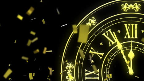 animation of clock showing midnight, confetti and fireworks exploding on black background