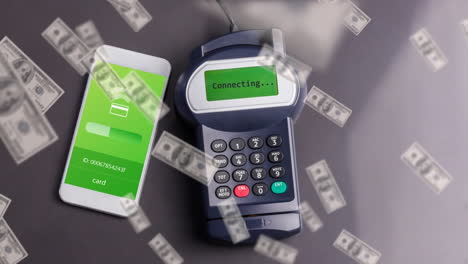 animación de billetes de dólares estadounidenses que caen sobre el teléfono inteligente y la terminal de pago