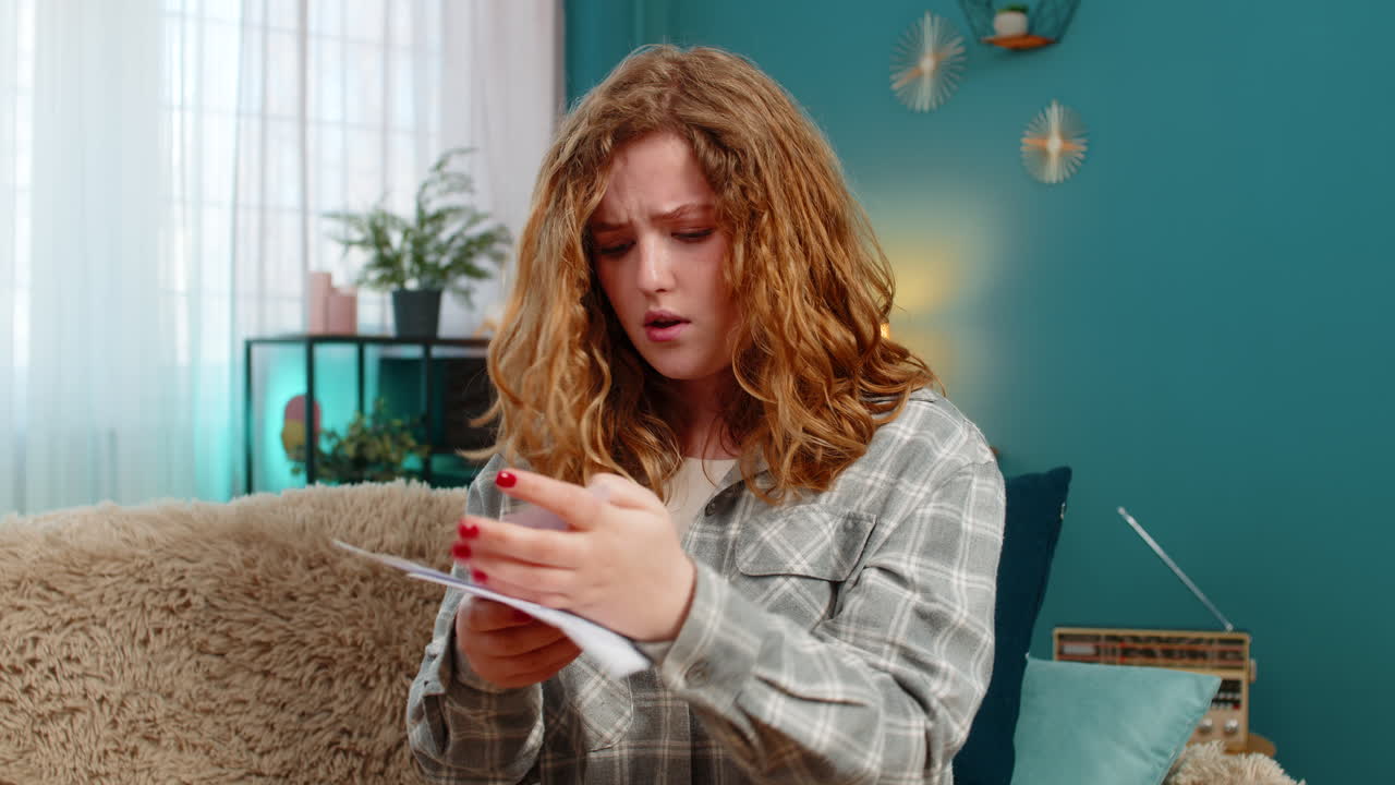 Woman sits on sofa holding bills and receipts worried with head in hands stressed by money problems