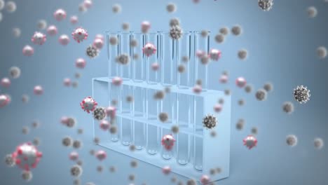 animation of covid 19 cells over molecules and test tubes