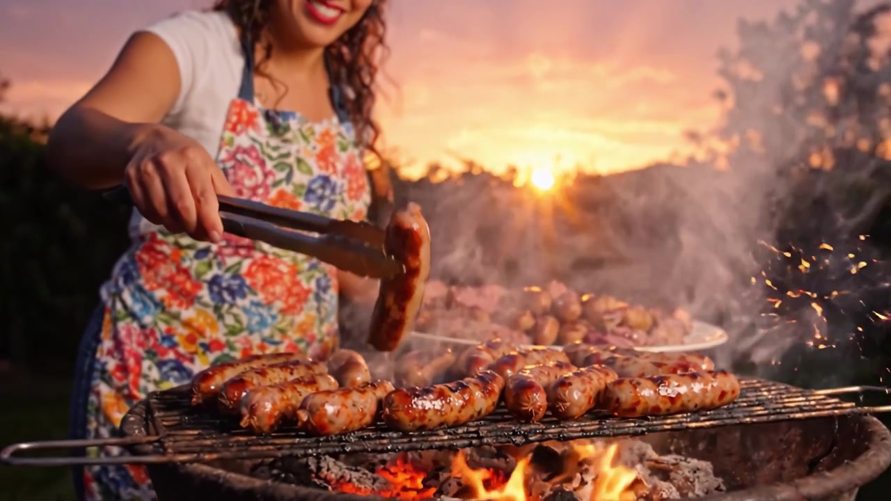 A Culinary Journey: Grilling Delicious Meats Against a Stunning Sunset Backdrop with a Passionate Cook, Celebrating Flavor and Tradition