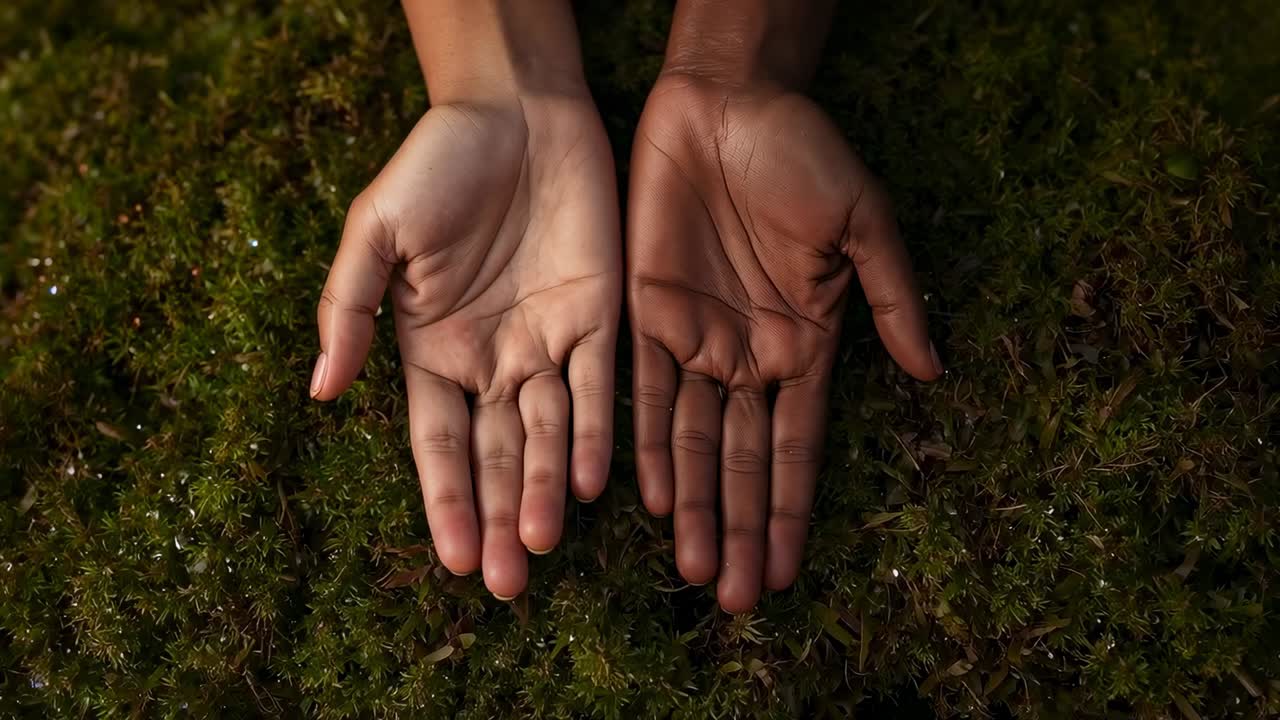 Recording two open palms making subtle micro-adjustments over mossy ground, moisture glints