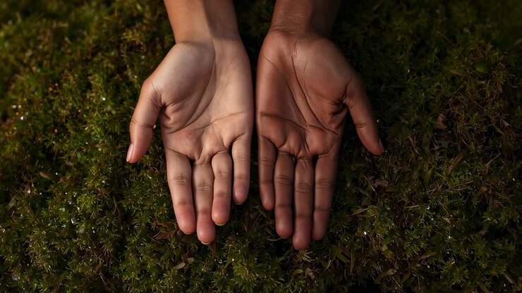 Recording two open palms making subtle micro-adjustments over mossy ground, moisture glints