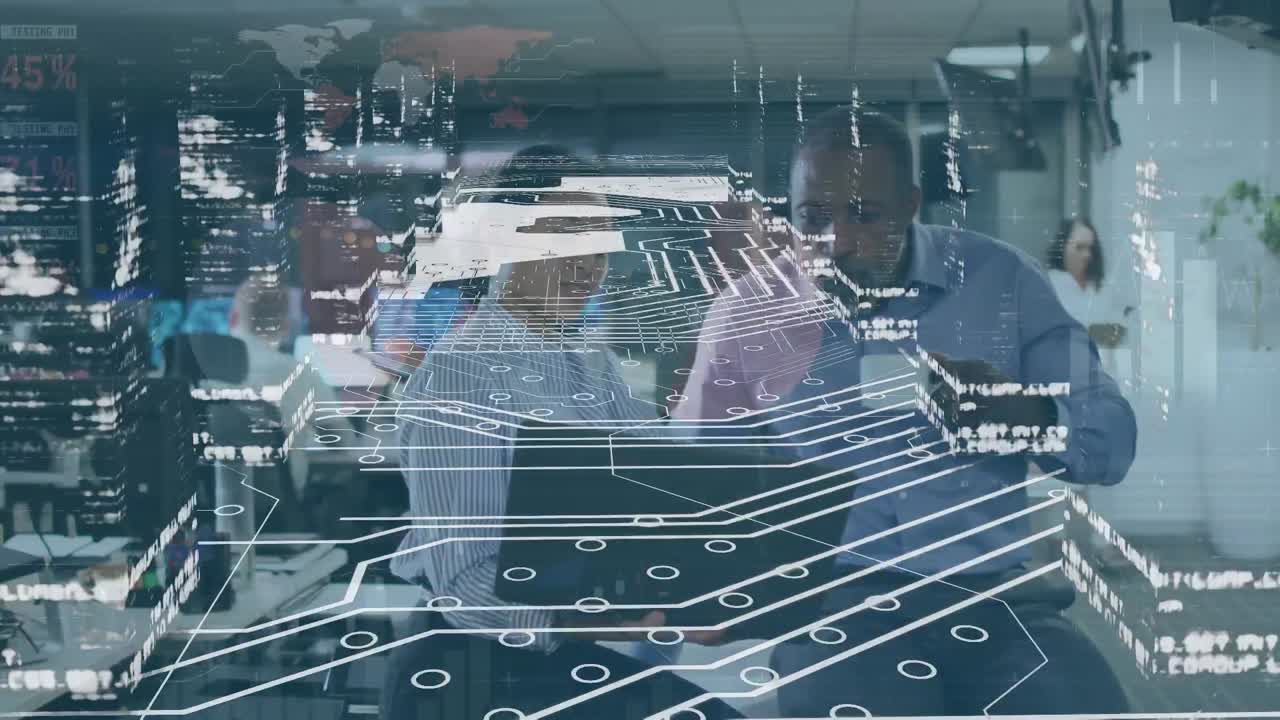 Animation of data processing over diverse businessman and businesswoman discussing at office
