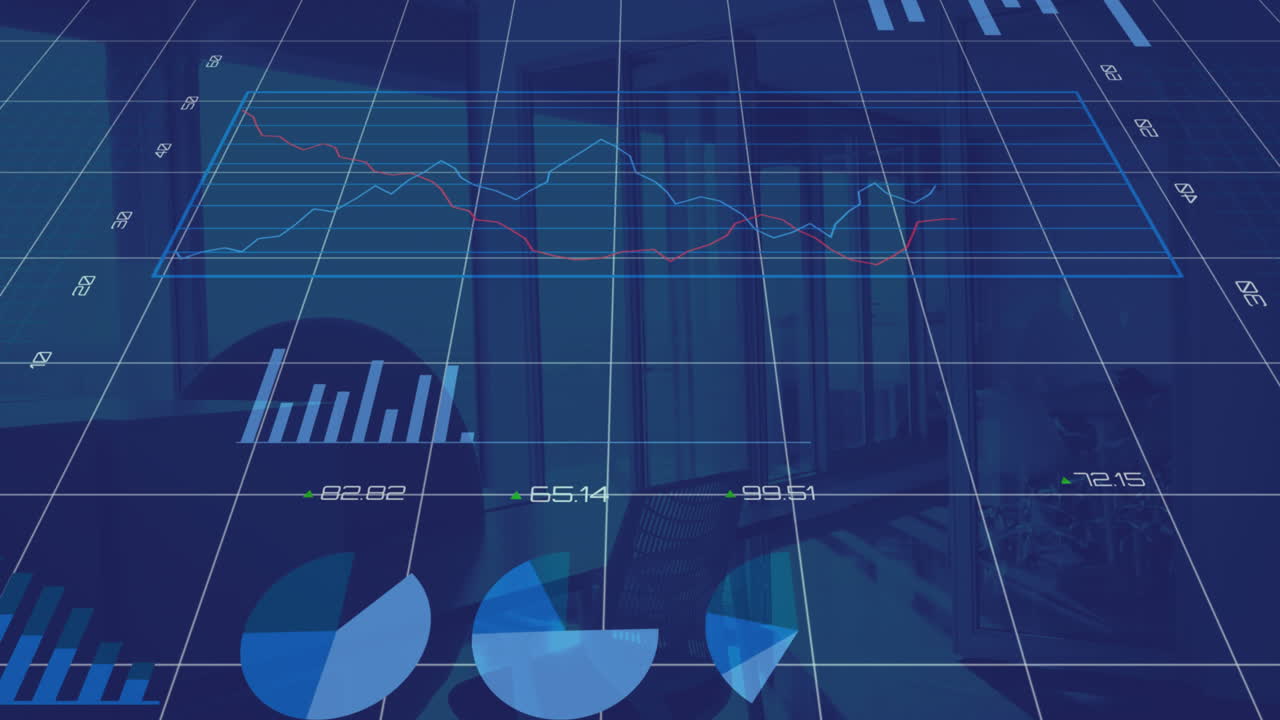 Financial data processing over grid network against empty office in background