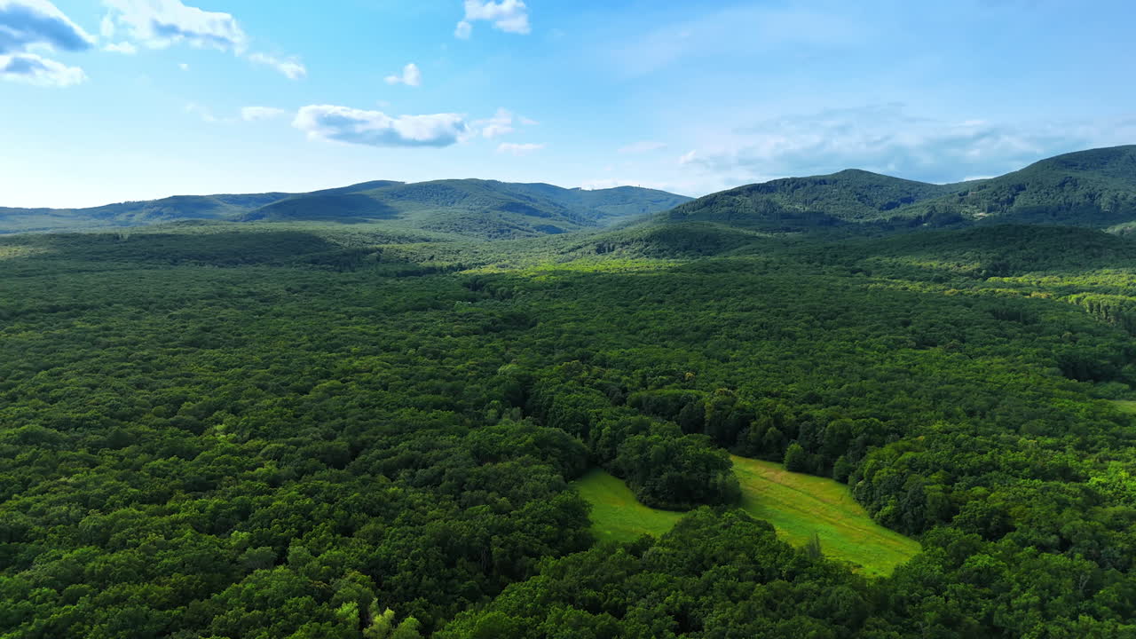 Lush green landscape with rolling hills. Vast greenery sprawls across the hills, showcasing nature's beauty under a clear blue sky on a sunny day