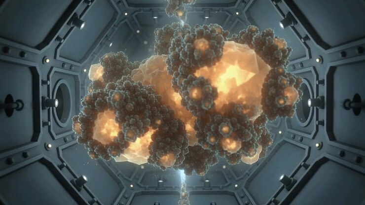 Pulsing glowing nodules responding to light, stretching along axis in chamber, emitting sparks