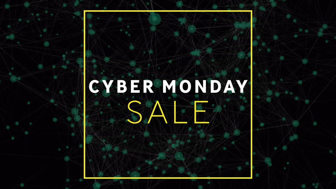 검은색 배경의 연결 네트워크에 대한 사이버 월요일 텍스트 배너의 디지털 애니메이션