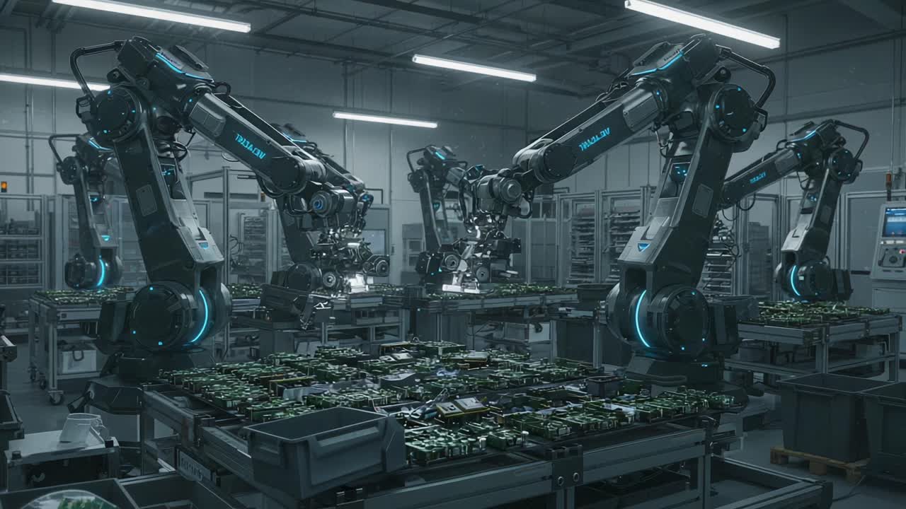 A High-Tech Robotics Manufacturing Facility Showcasing Advanced Robotic Arms Assembling Complex Circuit Boards With Precision and Efficiency in an Automated Environment