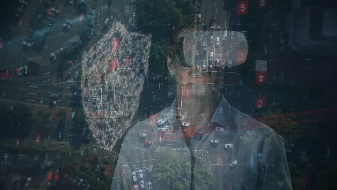 Animering af finansiel databehandling over forretningsmand iført VR-headset