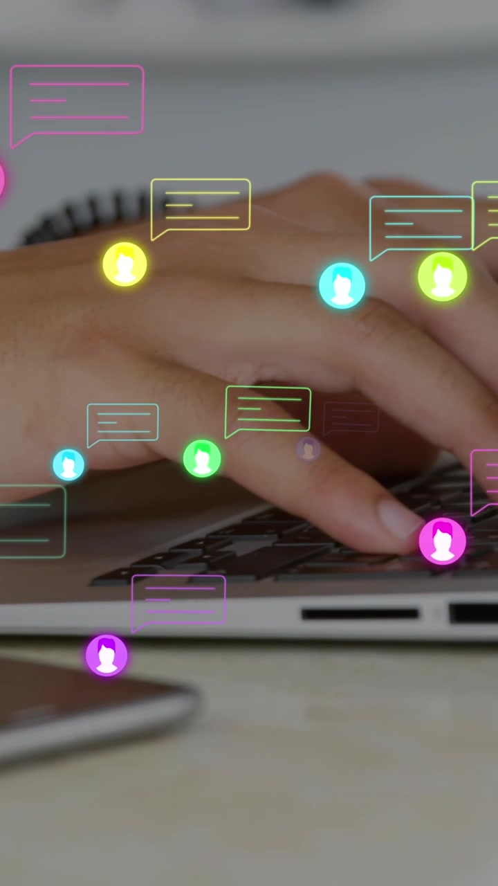 Animation of message boxes and profile icons, cropped hands of caucasian woman working on laptop
