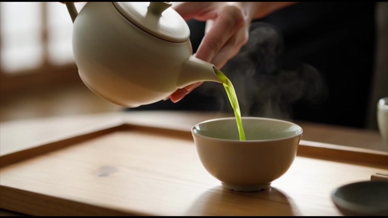Persona che versa tè verde caldo in una tazza di ceramica