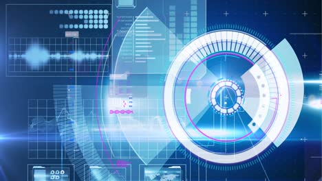 Round-scanner-and-digital-interface-with-data-processing-against-blue-background