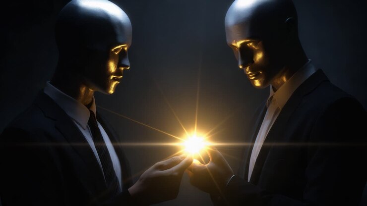 Two metallic figures, clad in dark suits, exchange a radiant orb of light, capturing a moment of connection and illumination in a dimly lit environment