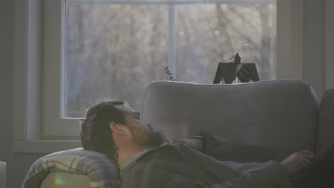 young bearded man relaxing on couch instead of working, side view