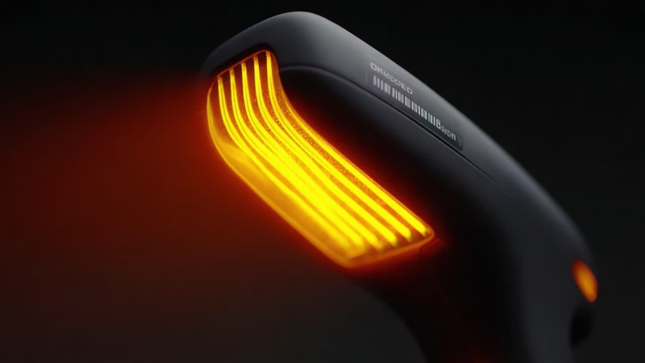 A close-up view of a high-tech scanning device, showcasing its illuminated barcode reading technology, designed for efficiency in inventory management and retail operations