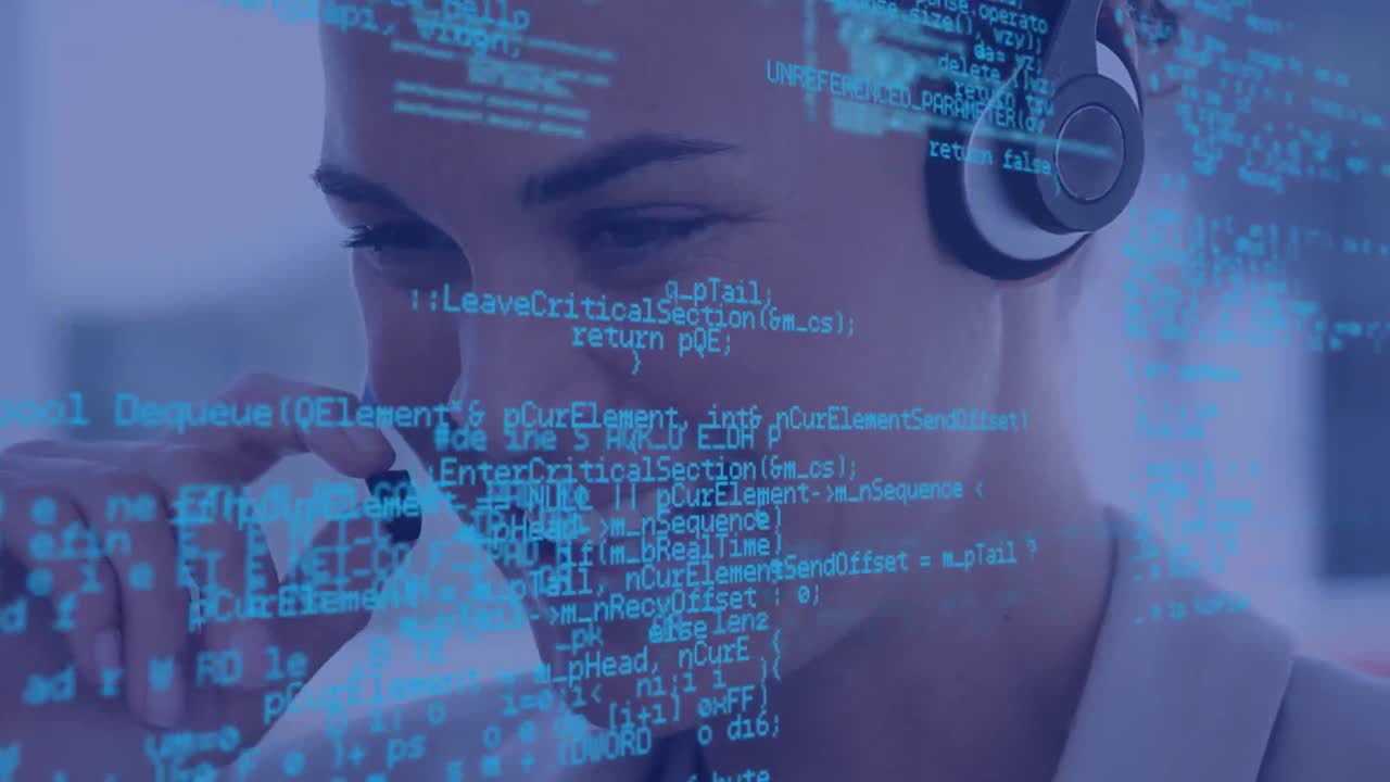 Animation of data processing over businesswoman using phone headset