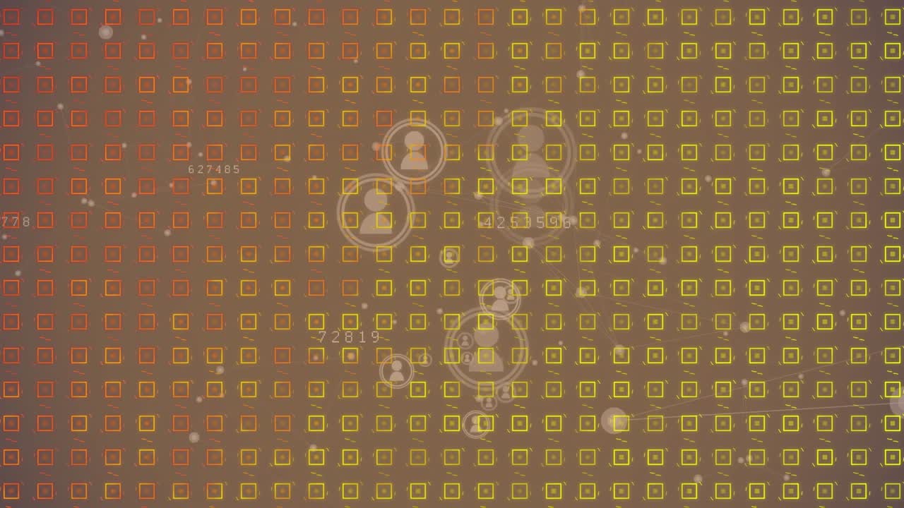 Animation of shapes over network of connections with icons on black background