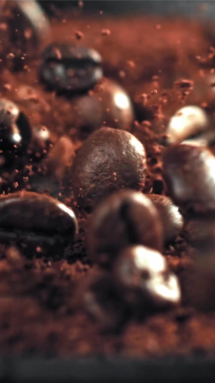 Chicchi di caffè tostati che cadono al rallentatore su caffè macinato