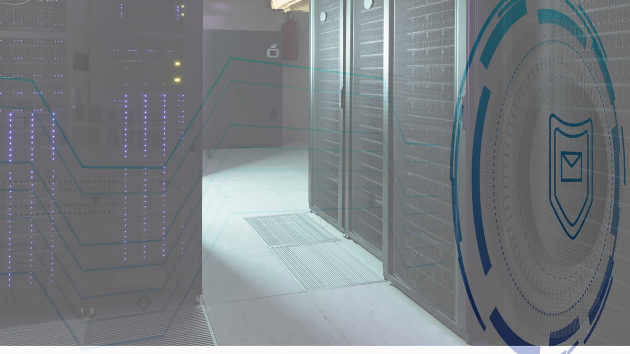 Animation of envelope and shield in loading circles over server room