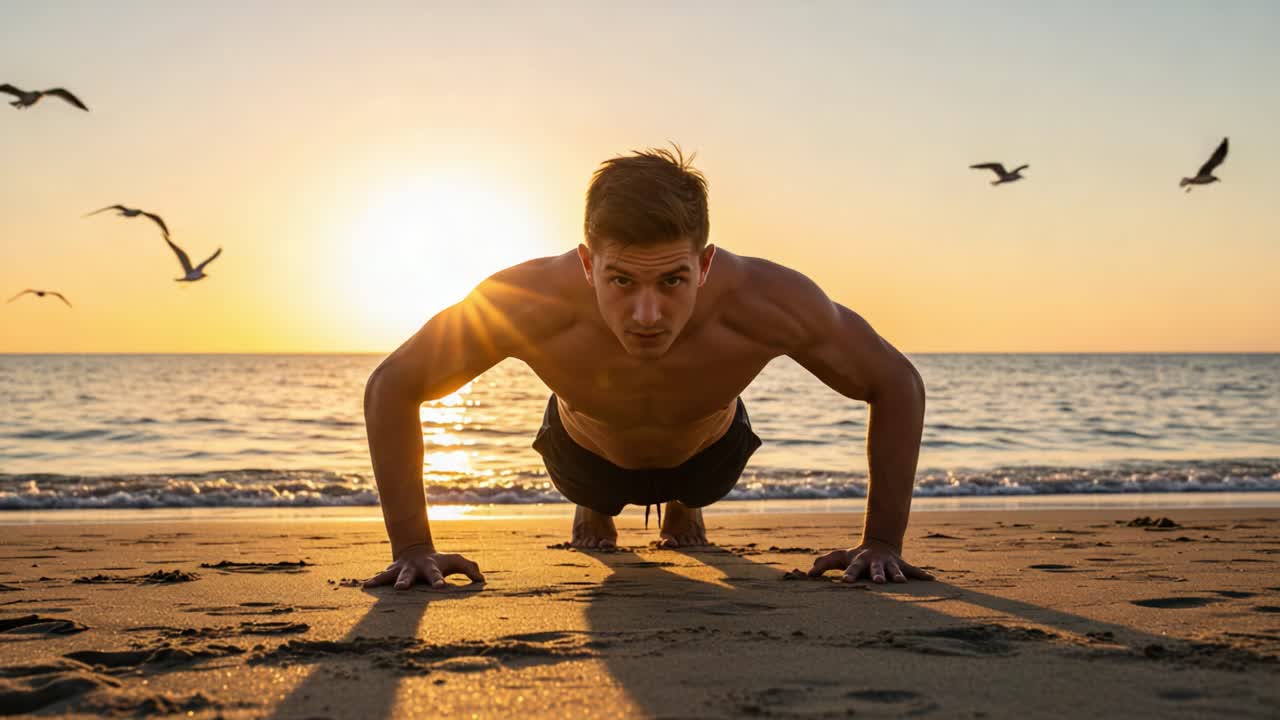 Sunset Workout: A Determined Individual Engages in Push-ups on the Beach, Surrounded by Seagulls as the Day Ends in a Golden Glow