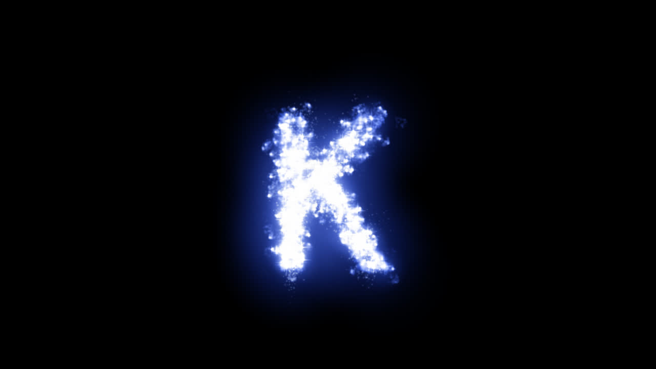 Lettera K luminosa con stelle scintillanti su sfondo trasparente