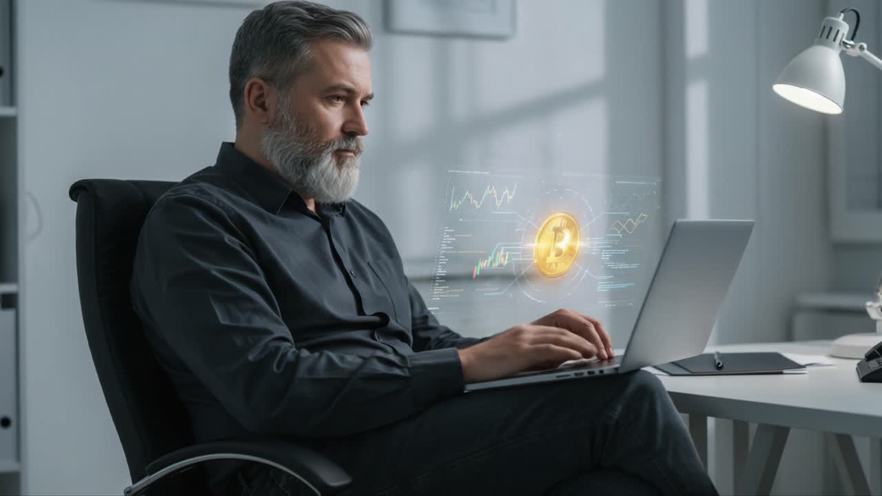 A focused individual monitors cryptocurrency trends on a laptop, showcasing the integration of finance and technology through digital assets in a modern workspace