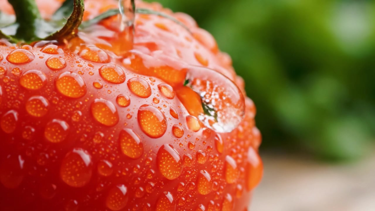 Primo piano di un pomodoro fresco e succoso che luccica con goccioline d'acqua, mettendo in mostra il suo vibrante colore rosso e la sua lucentezza naturale su uno sfondo verde tenue.