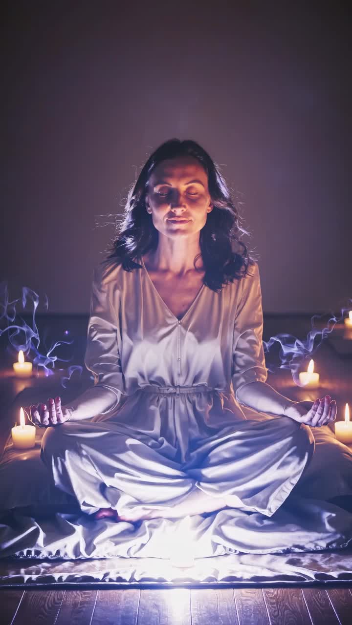 A serene woman meditates surrounded by candles, captured from a low angle