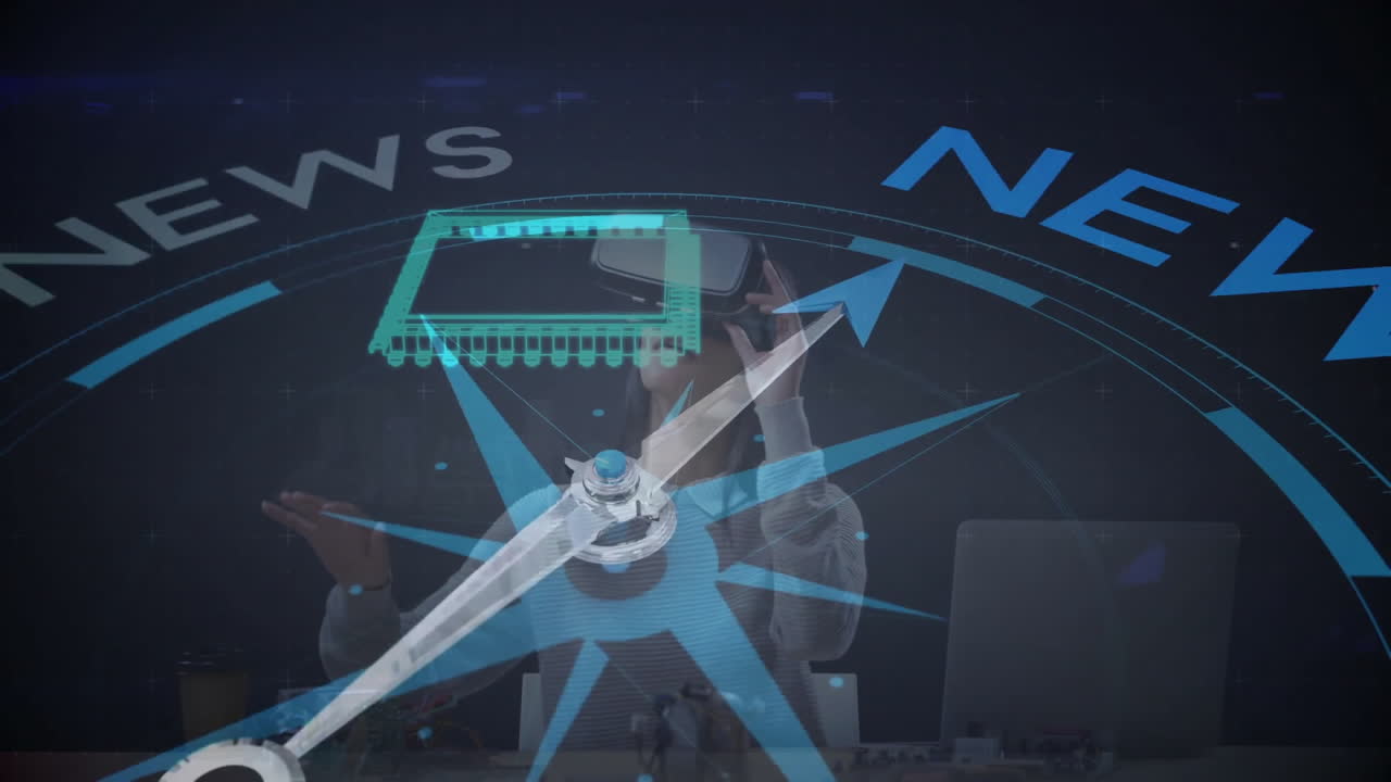 In school, person using VR headset with animation and technology graphics overlay