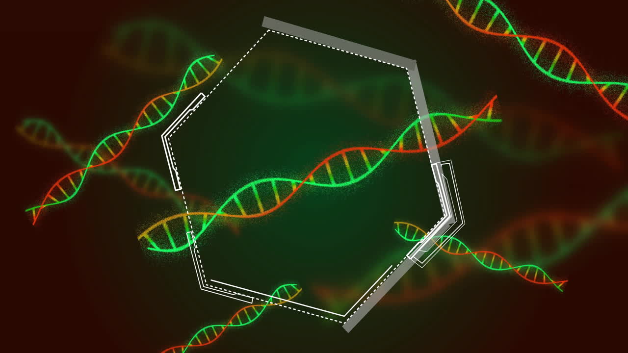 Intertwining colorful DNA strands with geometric shapes on dark background animation