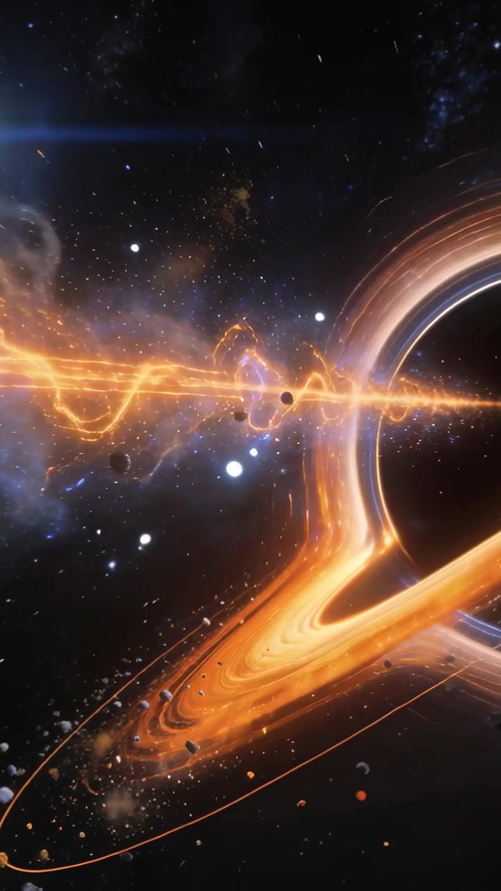 Video verticale: Getto di plasma increspato che crea un nucleo scuro che attira detriti in un disco luminoso, spazio per il testo.