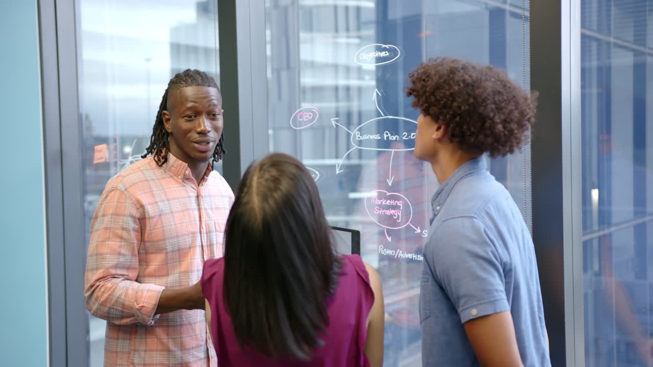 Collaborating in office, diverse team discussing business strategy on glass board
