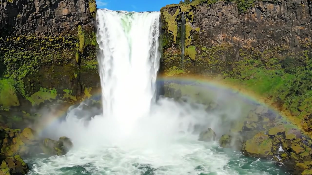 Majestuosa cascada cayendo en una piscina turquesa con un vibrante arcoíris que se arquea a través de la niebla, rodeada de exuberante vegetación y escarpadas formaciones rocosas.