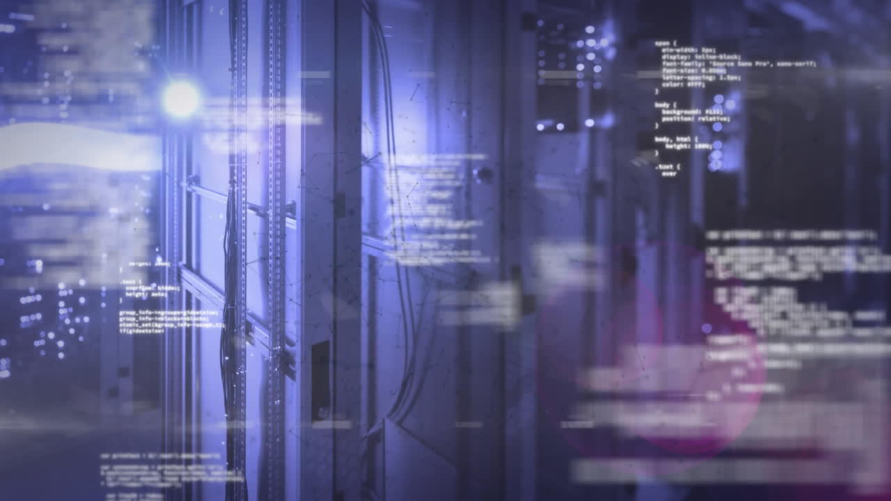 Animation of data processing and light spots over server room