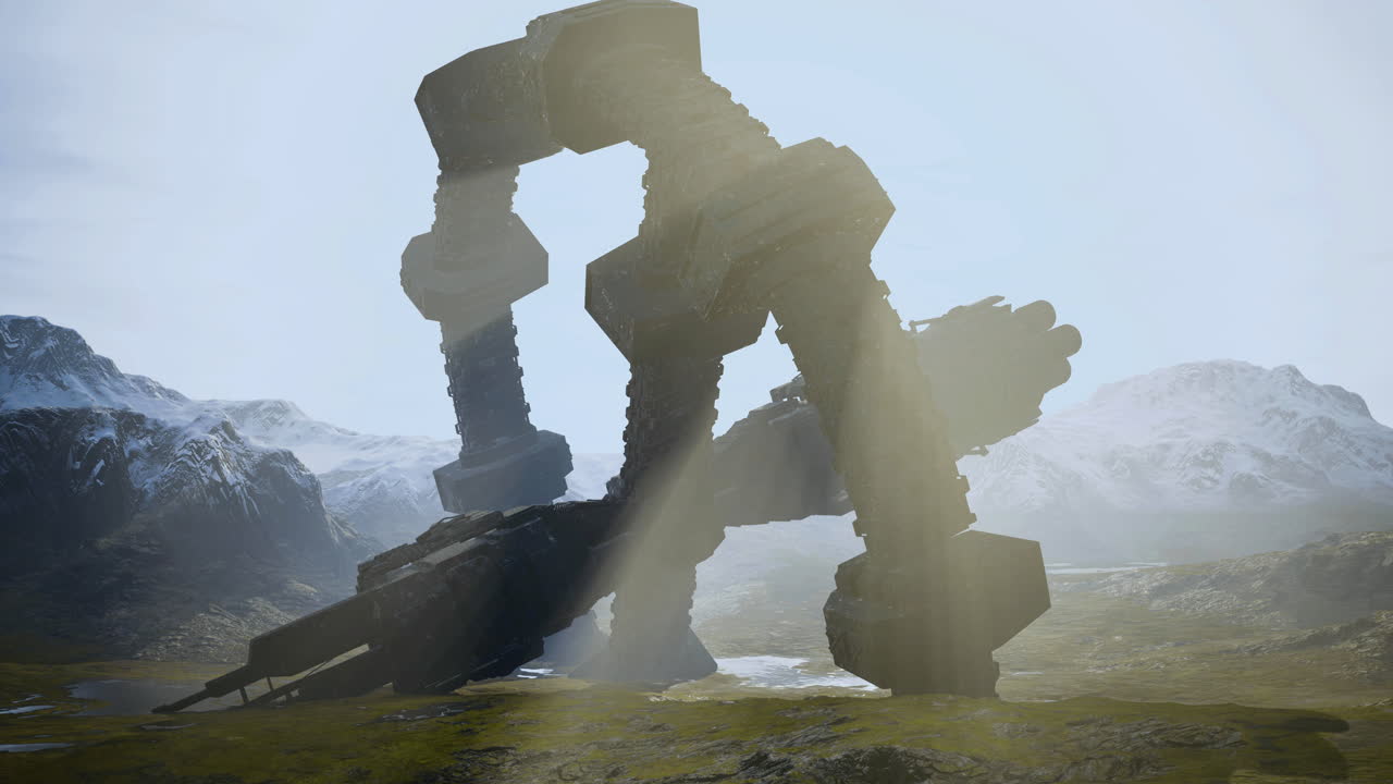 Mysterious alien ship emerges from misty mountains at dawn revealing secrets