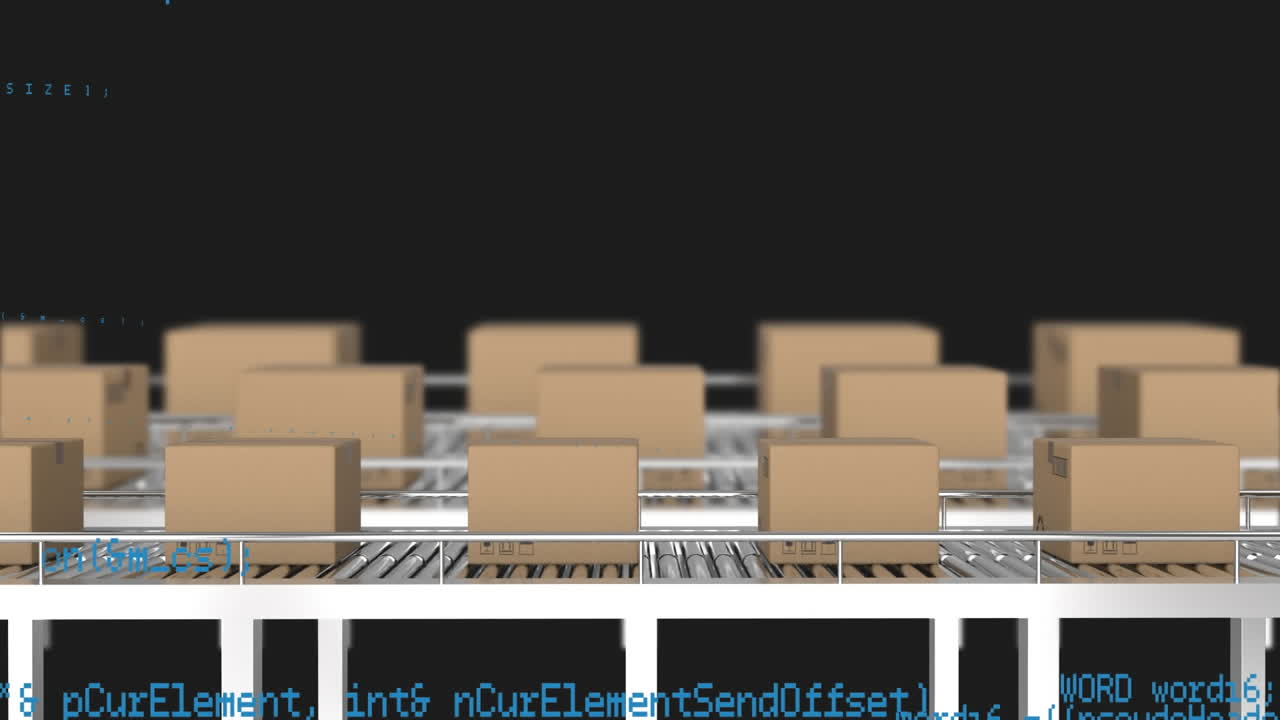 컨베이어 벨트에 있는 카드보드 상자 위의 데이터 처리 애니메이션