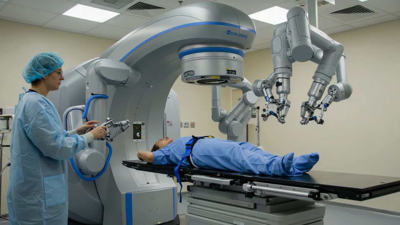 Advanced Robotic Surgery: A Surgeon Operates Robotic Arms in a High-Tech Operating Room, Demonstrating Precision and Innovation in Modern Medical Procedures