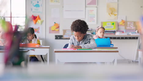 education, boy and students in a classroom