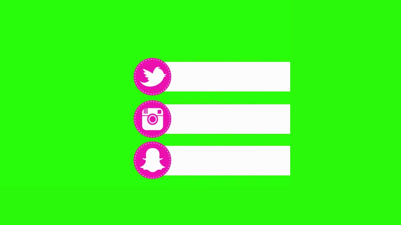 Terzo inferiore animato per social media con icone di Twitter, Instagram e Snapchat su schermo verde