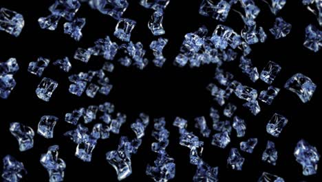 flying many clean ice cubes on black background. pieces of crushed ice, natural water. 3d animation of crushed ice rotating. loop animation.