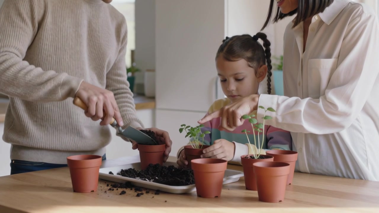 Famiglia che raccoglie terra da un vassoio e rinvasa piantine su un'isola della cucina, con vasi di terracotta e una paletta