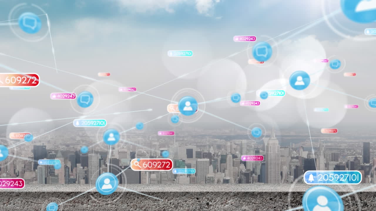 도시 풍경 위에 떨어지는 소셜 미디어 아이콘과 이모티콘의 애니메이션