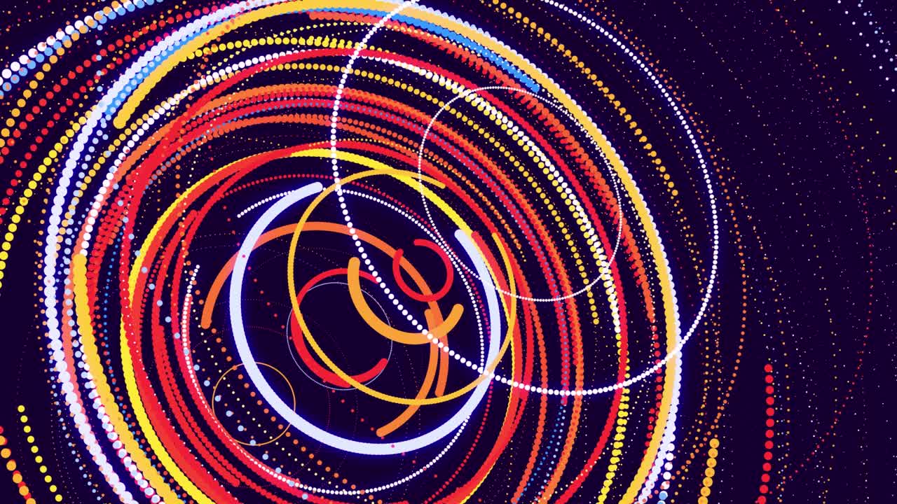 abstract bg con partículas y líneas multicolores retorcidas en anillos giran cíclicamente. animación en bucle como fondo de diseño de movimiento de líneas y partículas curvas. hermosas cintas. luma matte